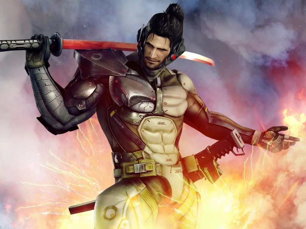 огонь, мужчина, metal gear rising, дым, оружие, меч, revengeance