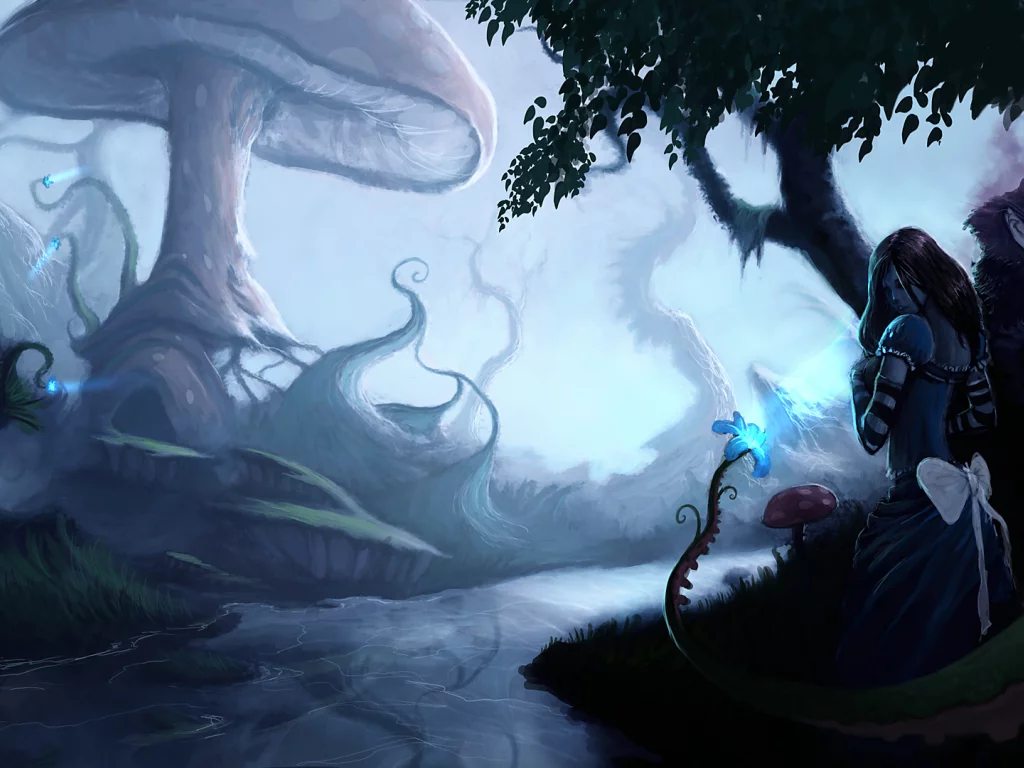 alice madness returns, алиса, грибы, цветок, кот, река, арт