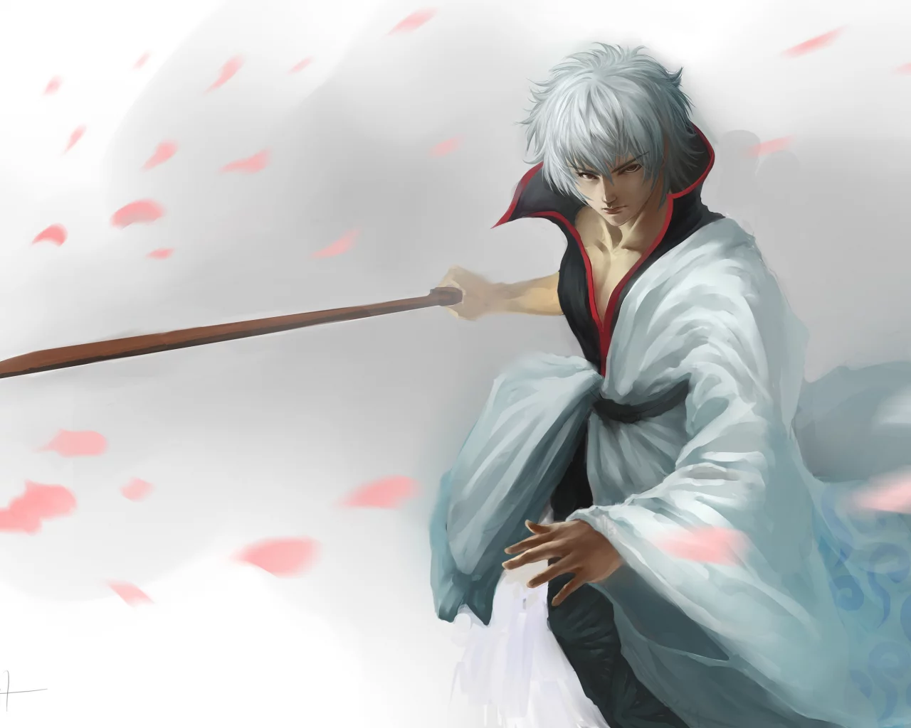 hangleing, меч, арт, катана, gintama, парень, лепестки, sakata gintoki