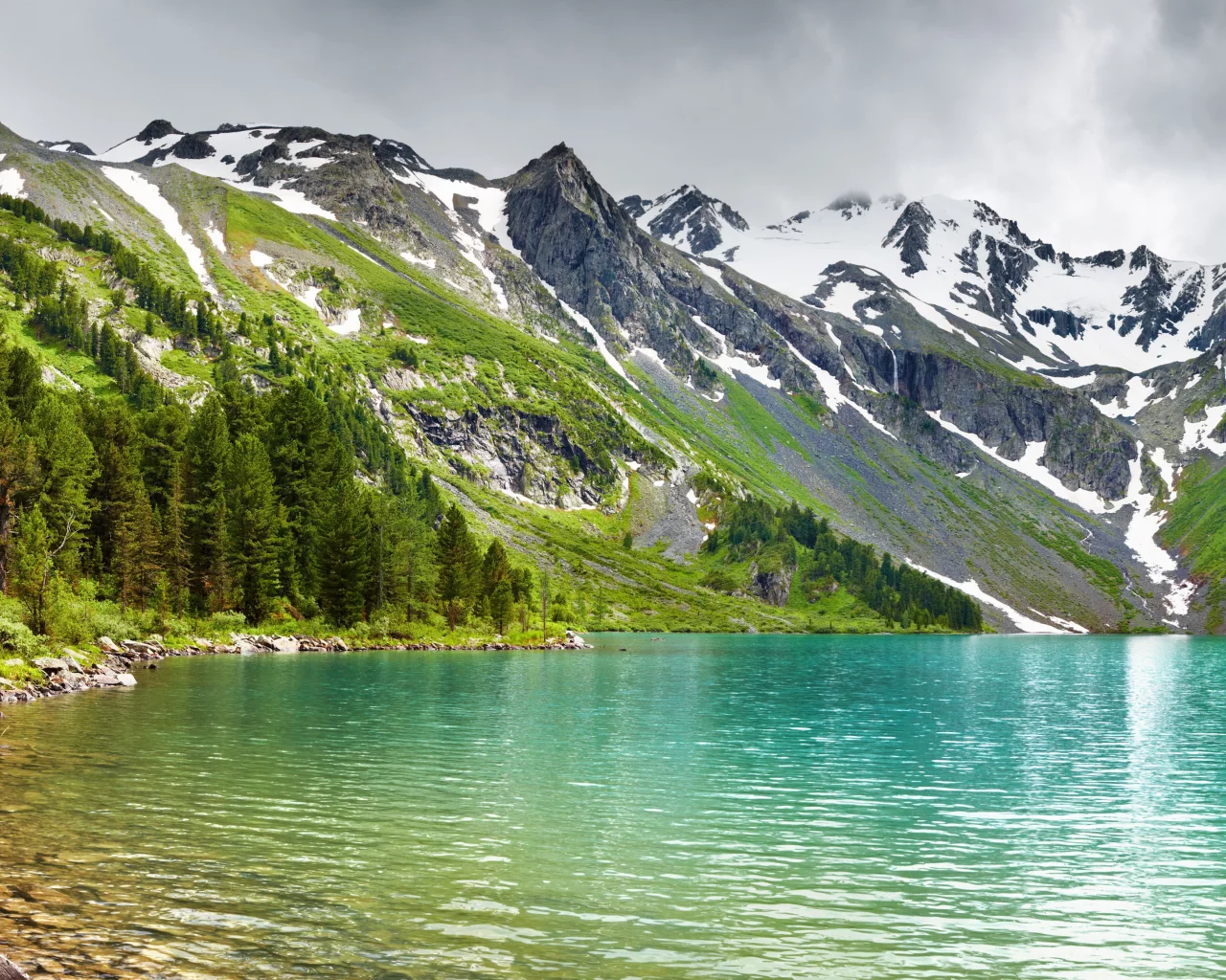 вершины, лес, горное озеро, снег, природа