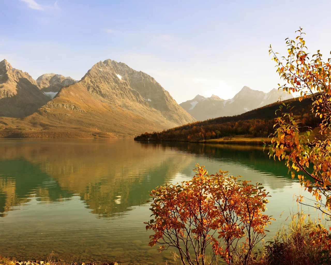 горы, осень, дерево, кустарник, лес, залив