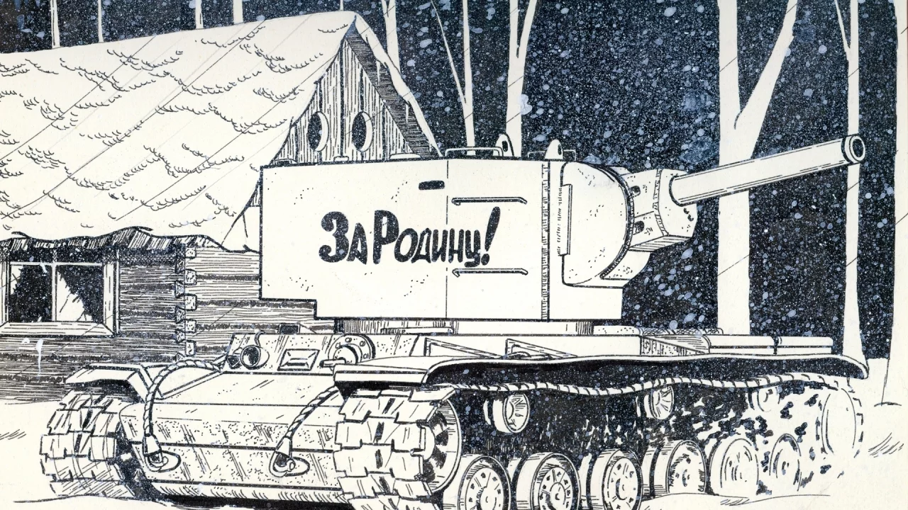 танк, рисунок, изба, снег, зима, кв-2, деревья, война