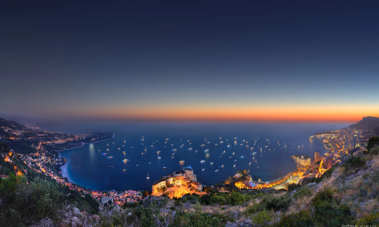 vista palace over monaco, возвышенность, вечер, город, море, огни
