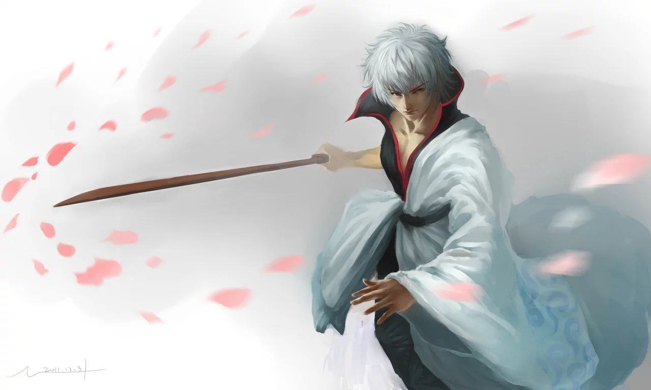 hangleing, меч, арт, катана, gintama, парень, лепестки, sakata gintoki