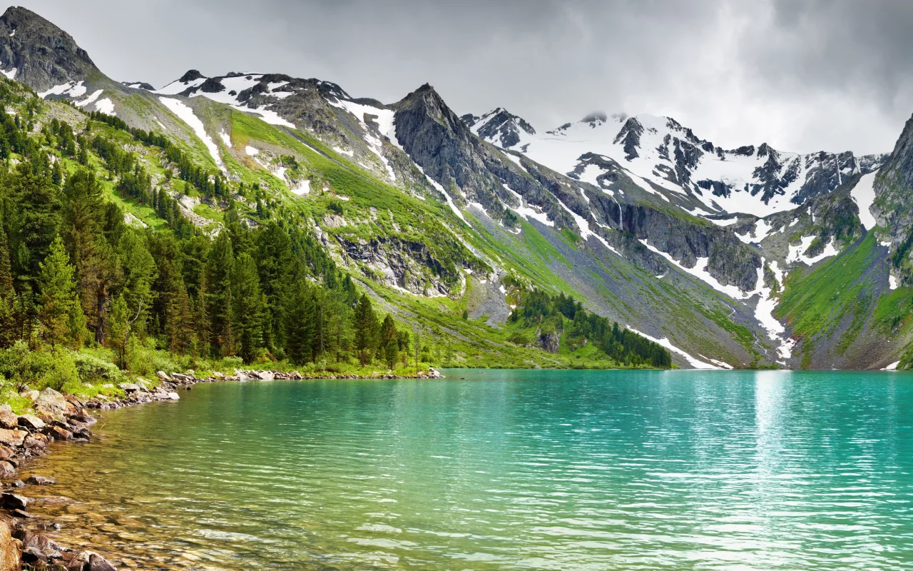 вершины, лес, горное озеро, снег, природа