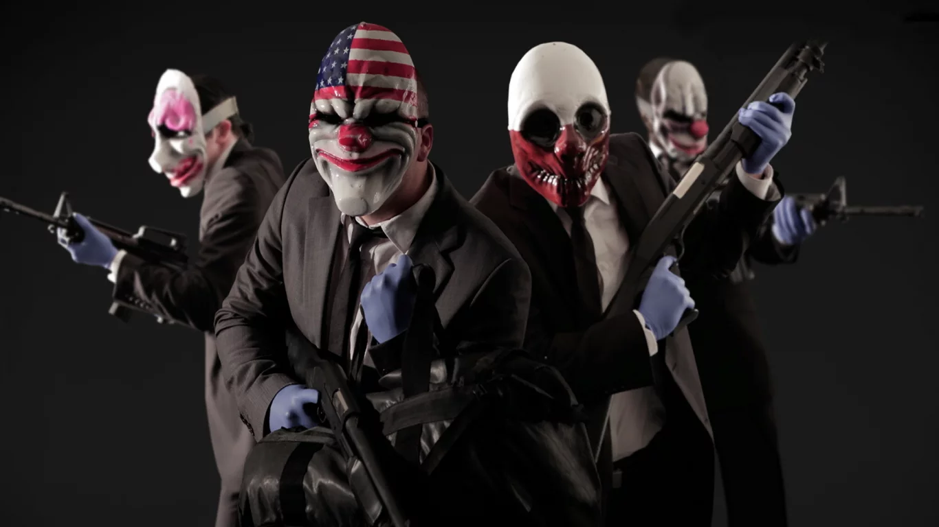 оружие, клоуны, payday 2, games, маски , грабители, игры