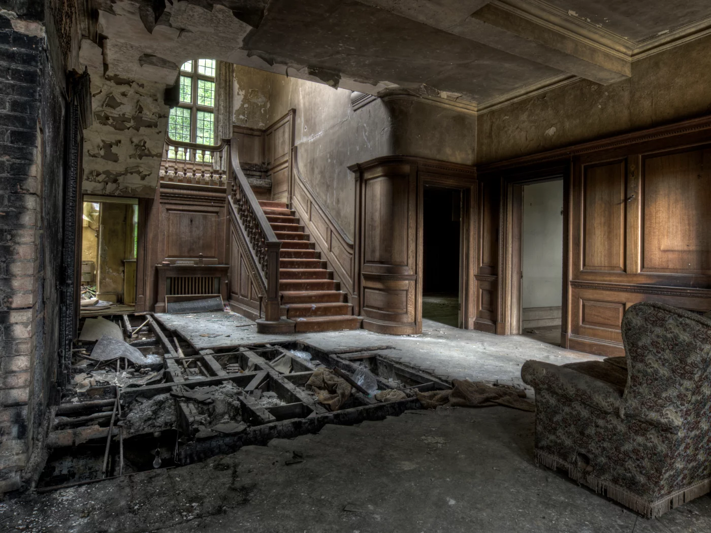 wood, ruin , destroyed floors, house abandoned, wall bricks, armchair, stairs, walls unpainted
