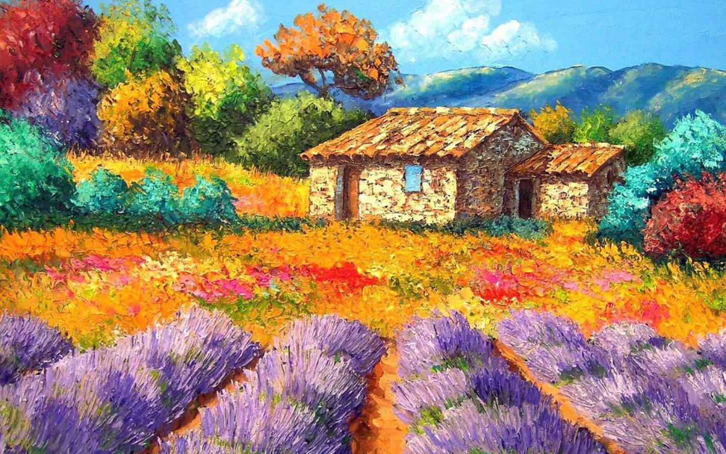 двор, сад, пейзаж, клумба, картина, домик, цветы