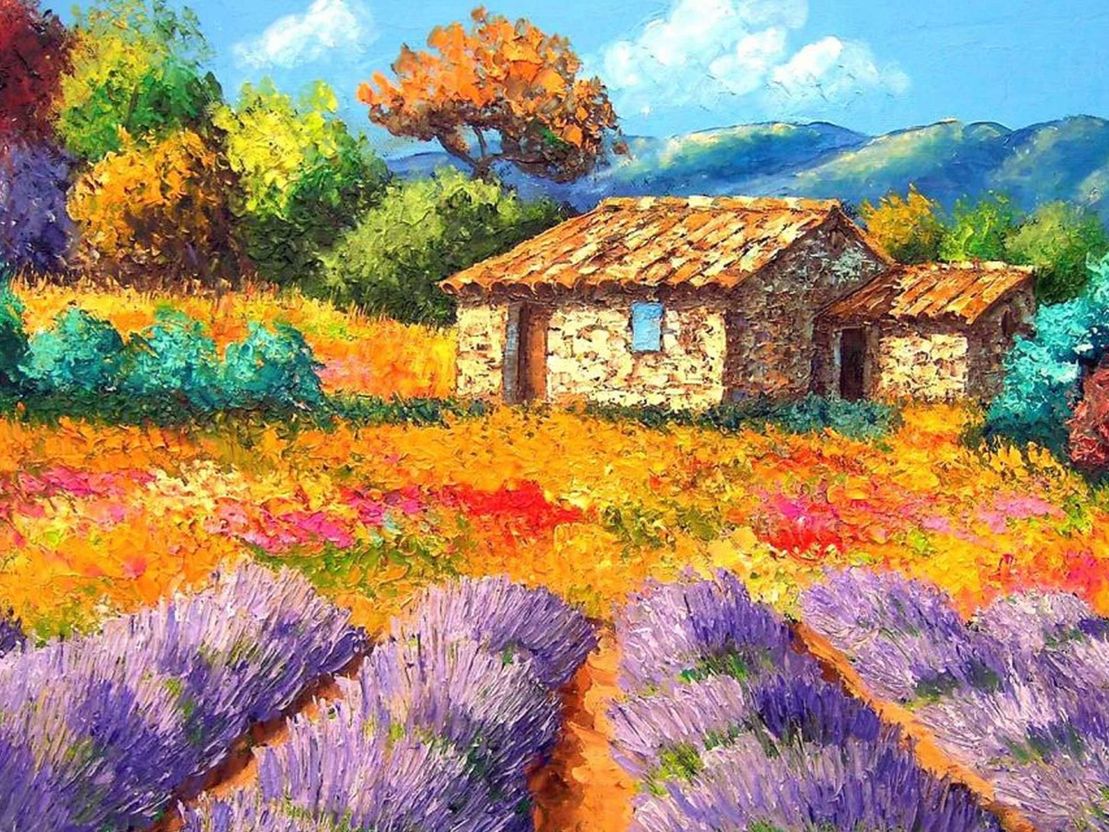двор, сад, пейзаж, клумба, картина, домик, цветы
