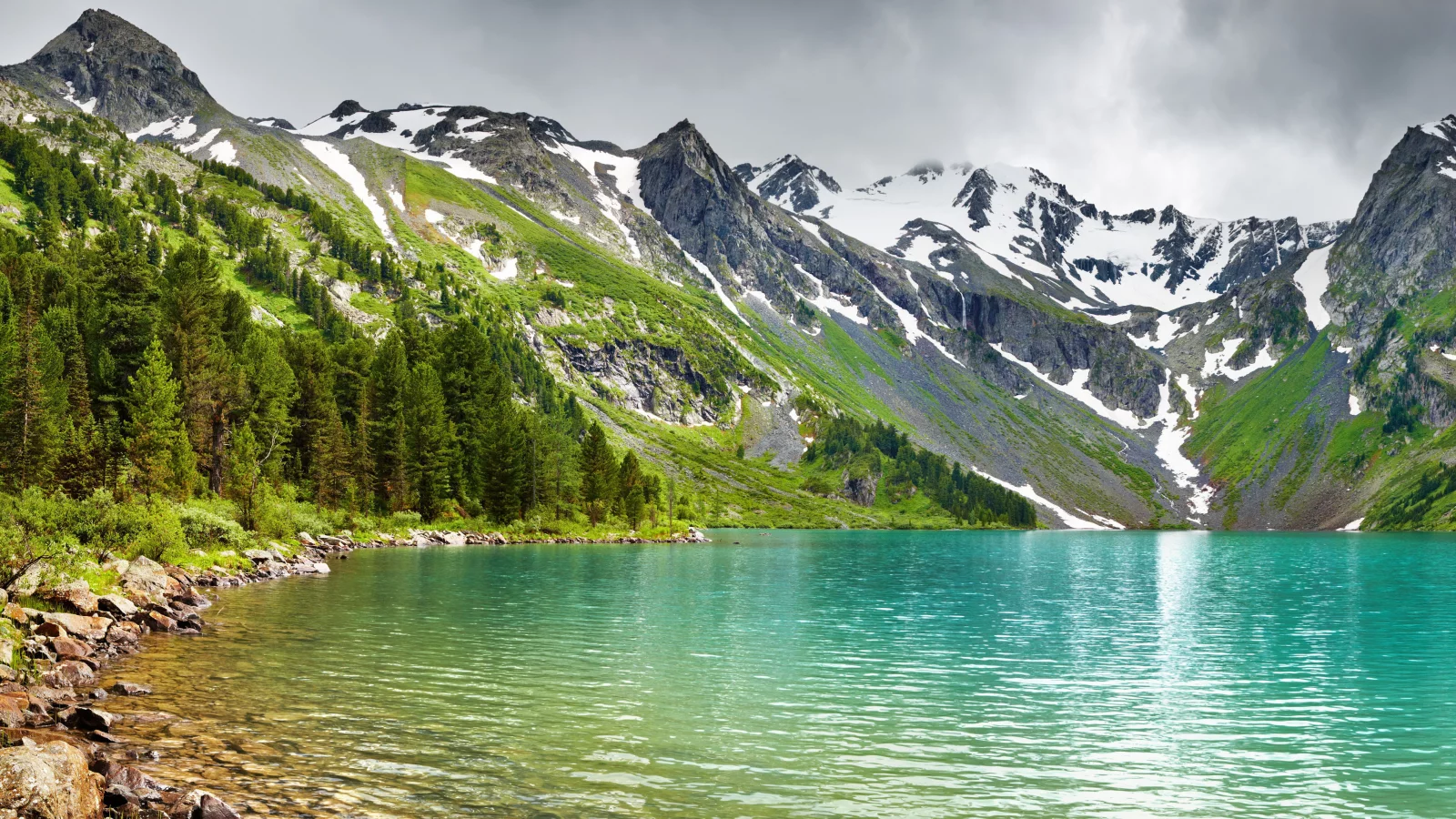 вершины, лес, горное озеро, снег, природа