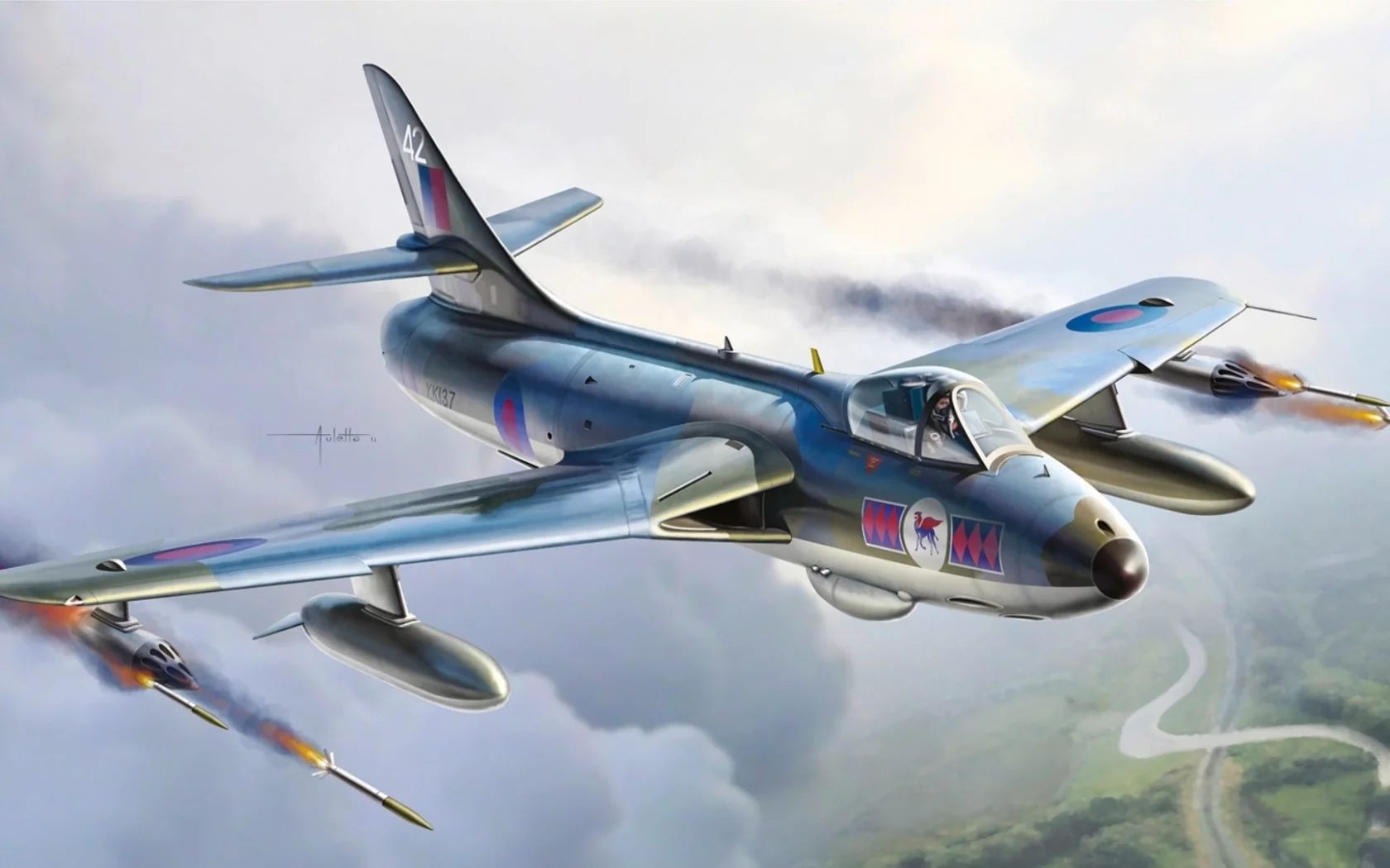 самолёт, небо, арт, hawker hunter fga6fga9
