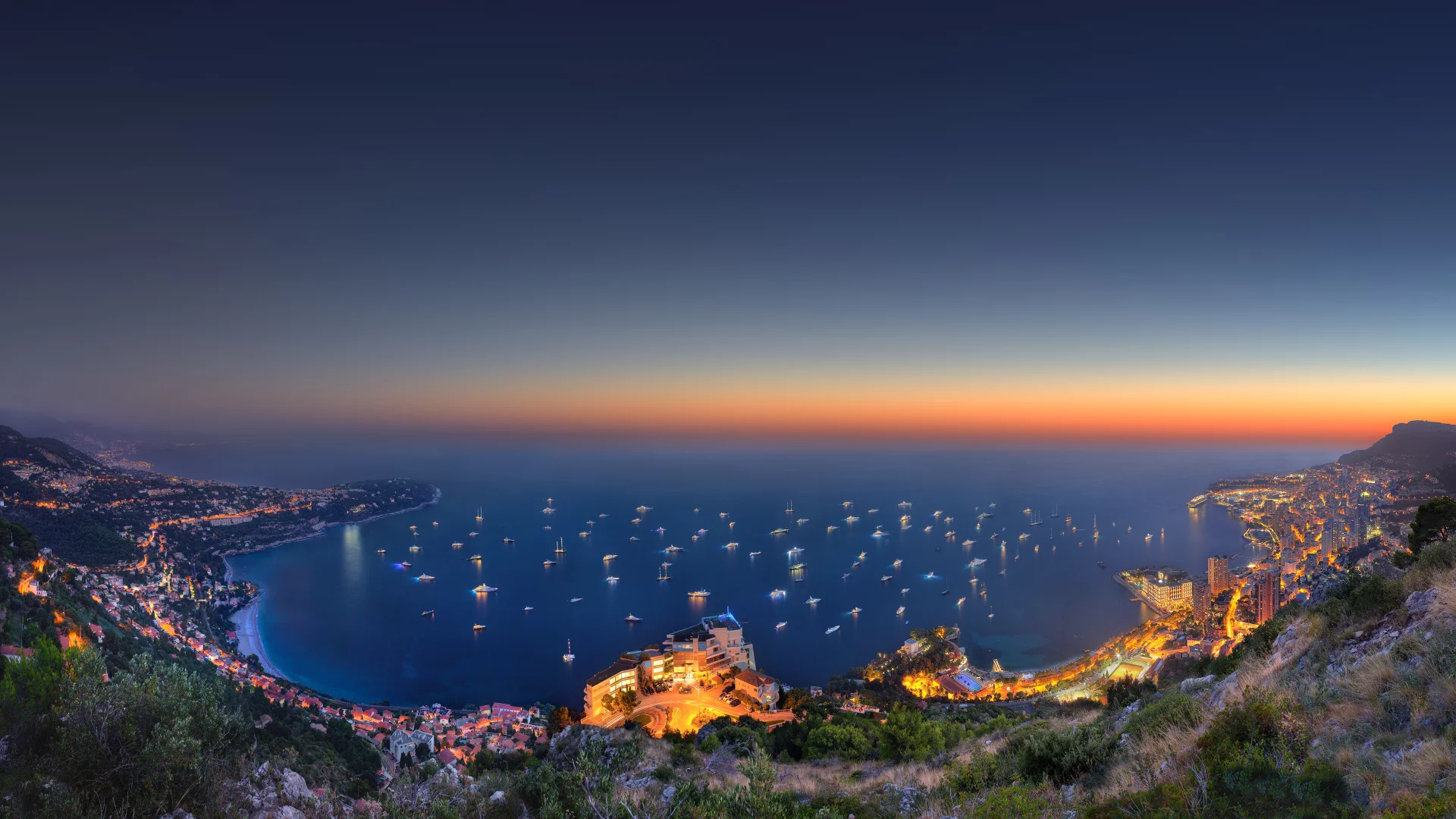 vista palace over monaco, возвышенность, вечер, город, море, огни