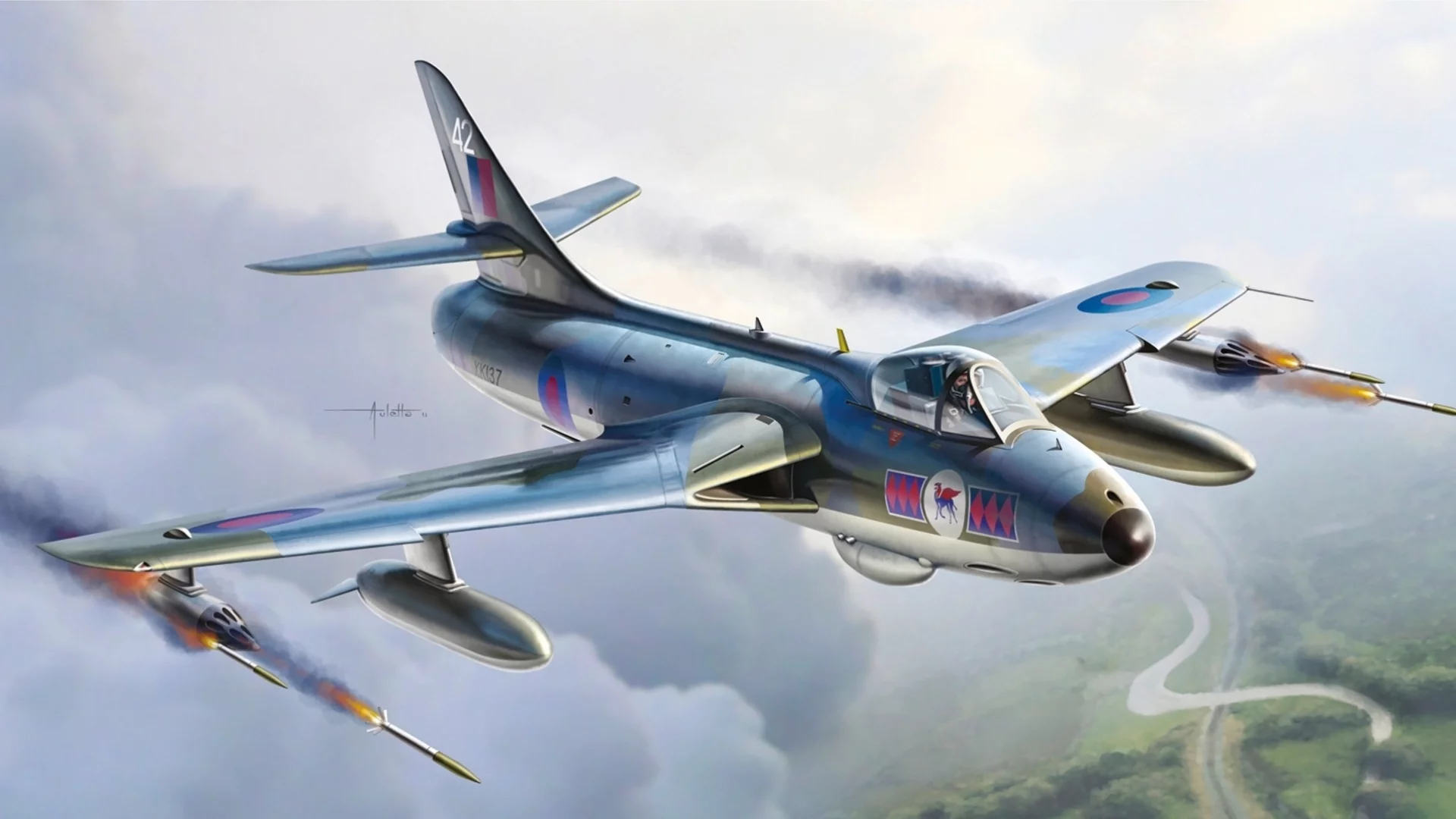 самолёт, небо, арт, hawker hunter fga6fga9