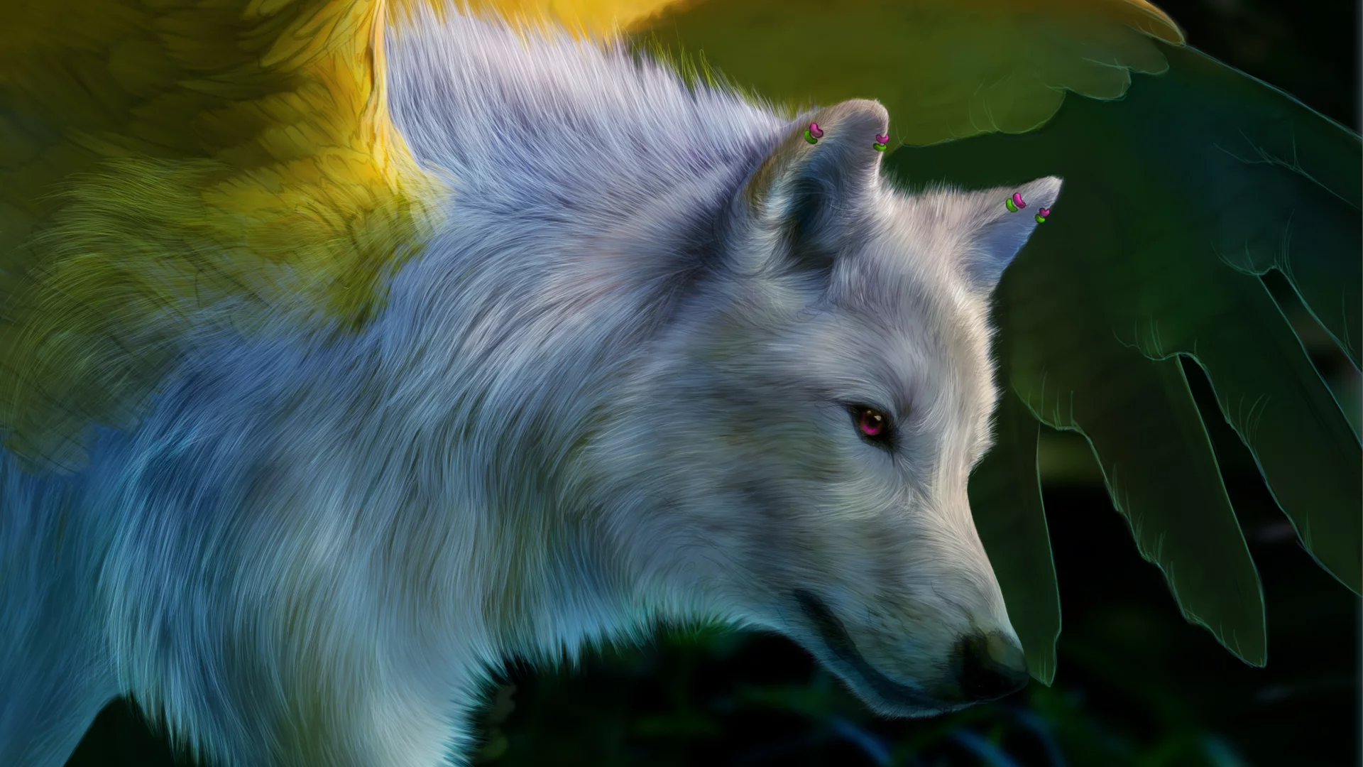 art, белый, волк, крылья, novawuff, розовые глаза