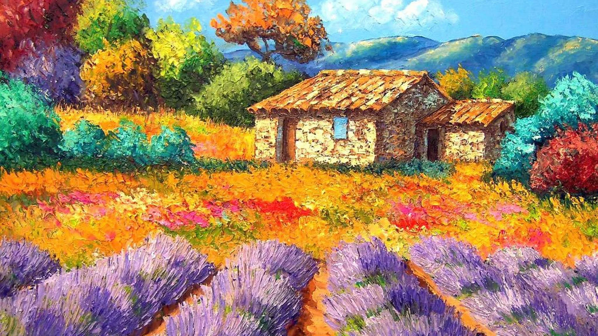 двор, сад, пейзаж, клумба, картина, домик, цветы