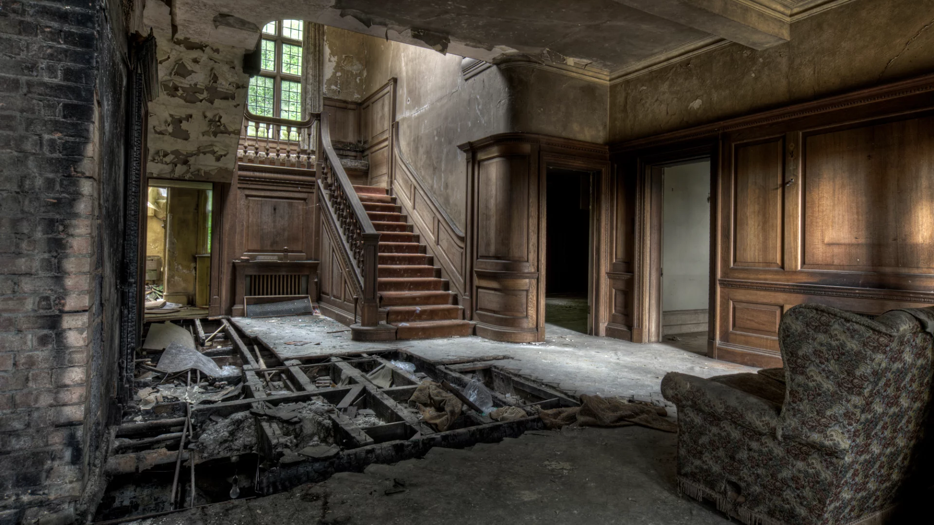 wood, ruin , destroyed floors, house abandoned, wall bricks, armchair, stairs, walls unpainted