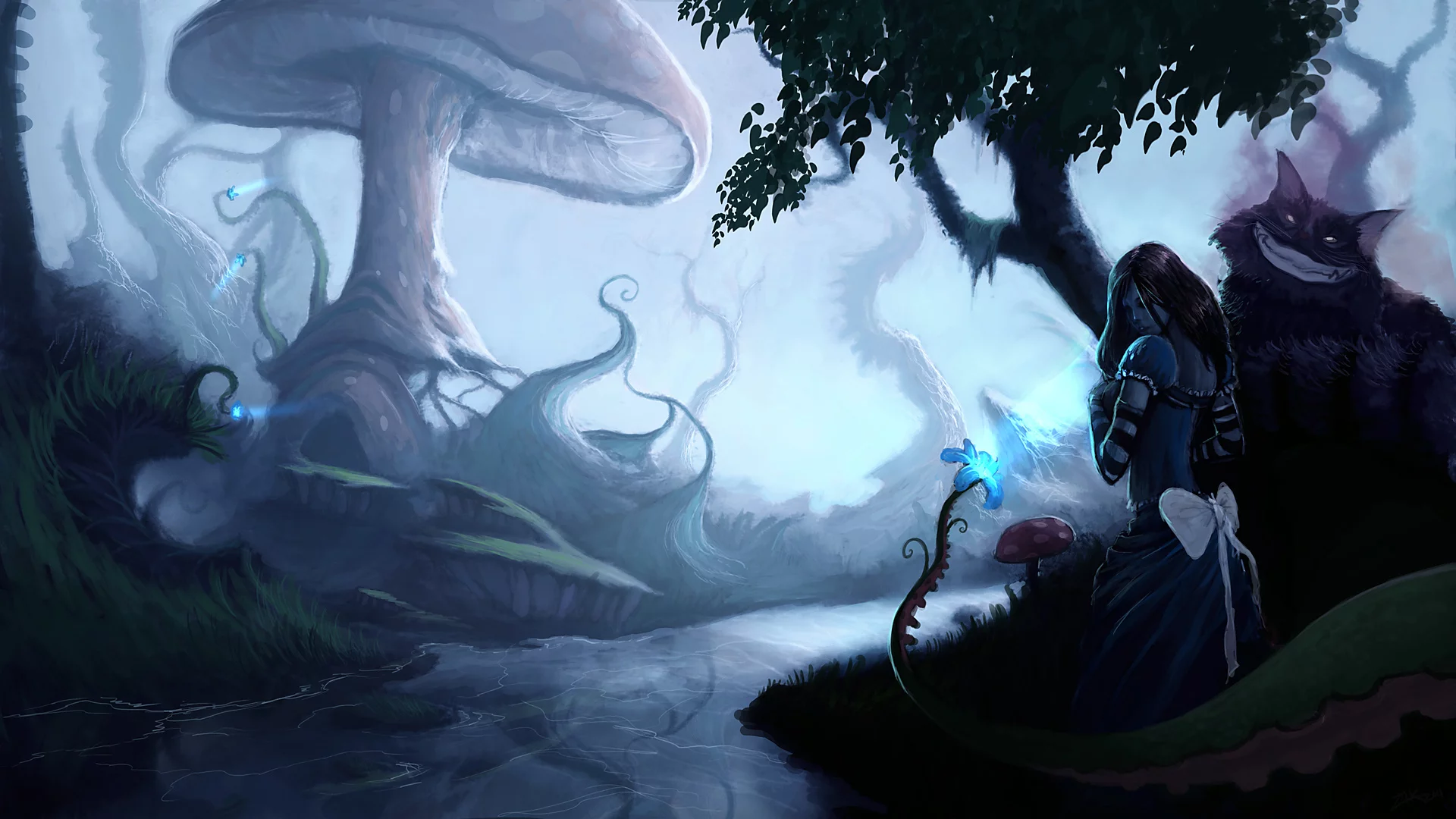 alice madness returns, алиса, грибы, цветок, кот, река, арт