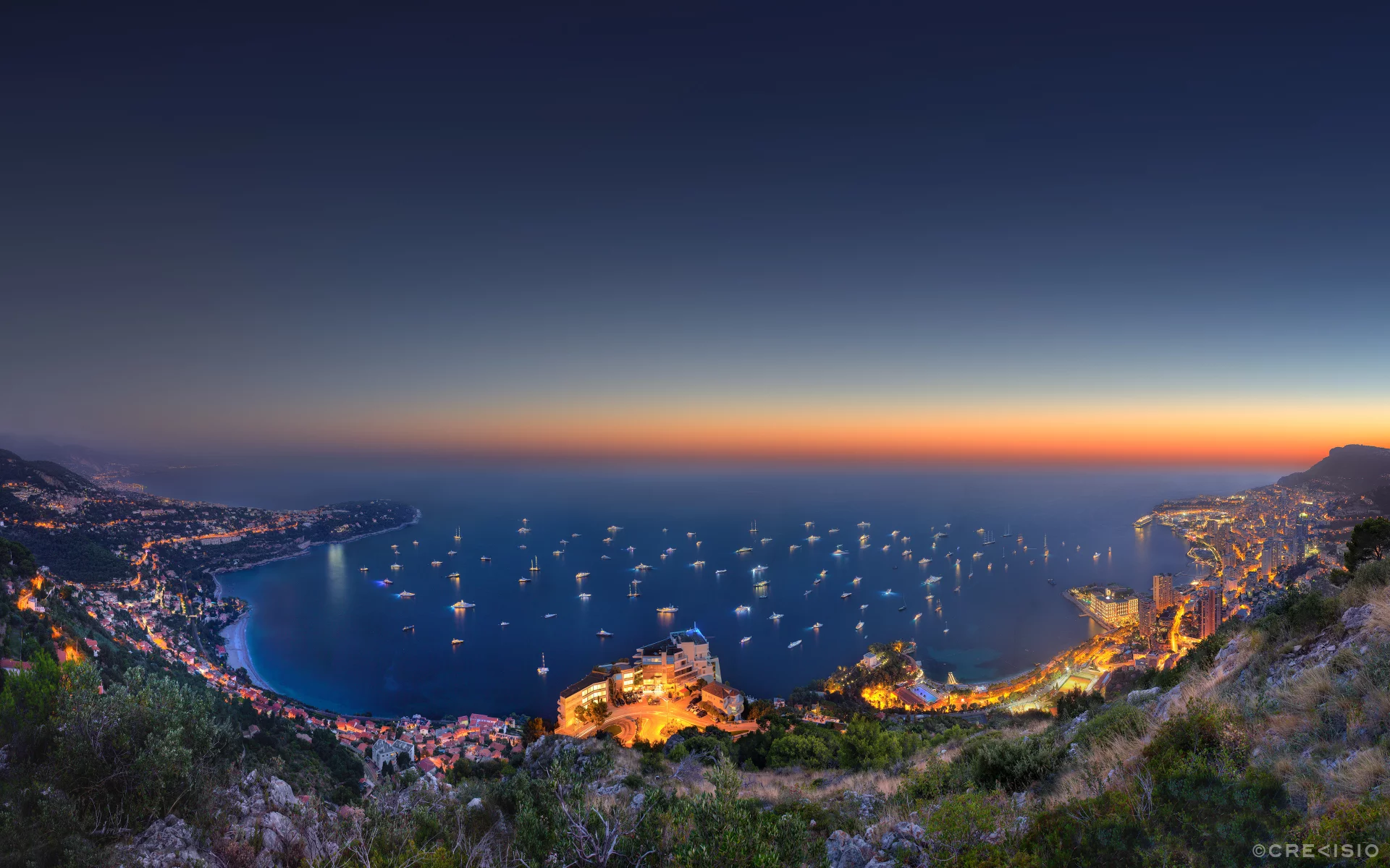 vista palace over monaco, возвышенность, вечер, город, море, огни