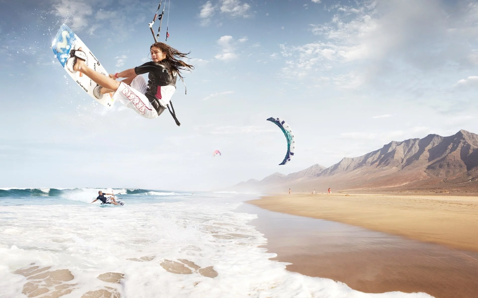 waves, mountains, kitesurf, foam, beach