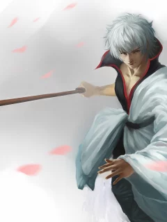 hangleing, меч, арт, катана, gintama, парень, лепестки, sakata gintoki