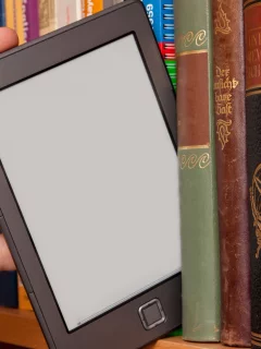 library, bookstore, tablet, books, hand