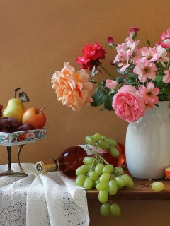 букет, розы, яблоки, цветы, виноград, бутылка, вино