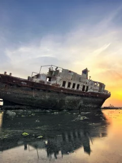 закат, побережье, корабль