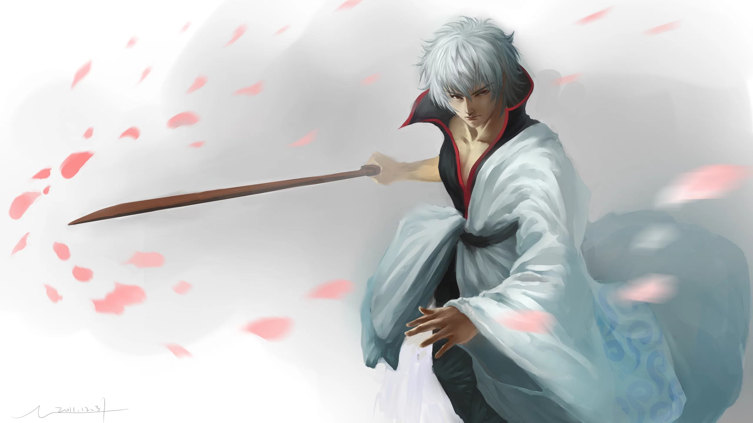 hangleing, меч, арт, катана, gintama, парень, лепестки, sakata gintoki