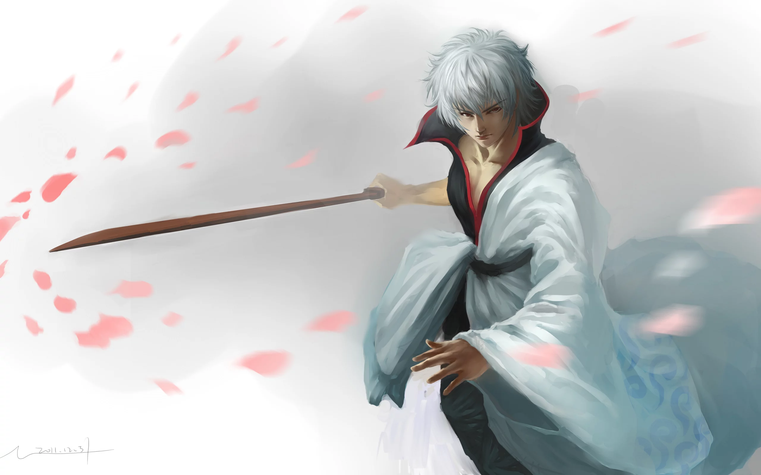 hangleing, меч, арт, катана, gintama, парень, лепестки, sakata gintoki