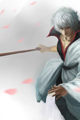 hangleing, меч, арт, катана, gintama, парень, лепестки, sakata gintoki