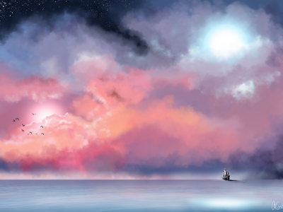море, корабль, облака, небо, живопись, туман, звезды