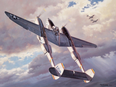 painting, fighter, aviation, war, airplane, p 38 lightning, ww2, art