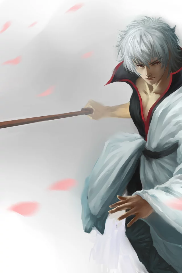 hangleing, меч, арт, катана, gintama, парень, лепестки, sakata gintoki