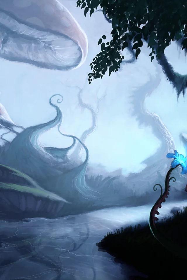 alice madness returns, алиса, грибы, цветок, кот, река, арт