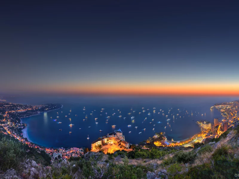 vista palace over monaco, возвышенность, вечер, город, море, огни