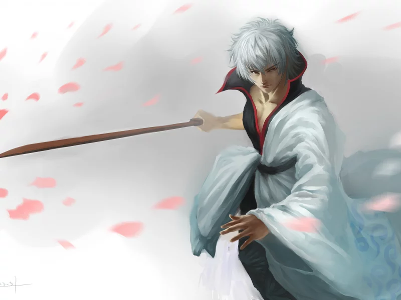 hangleing, меч, арт, катана, gintama, парень, лепестки, sakata gintoki