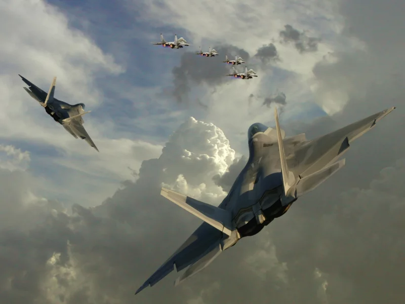 тучи, миг-29, f-22, облака, истребители, небо