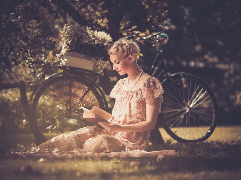 ретро, блондинка, платье, стиль, книга, девушка, бусы