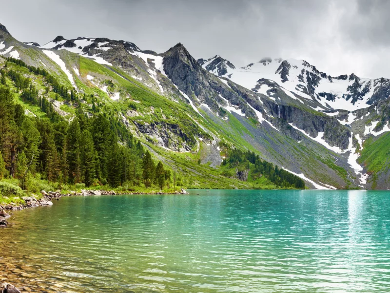 вершины, лес, горное озеро, снег, природа