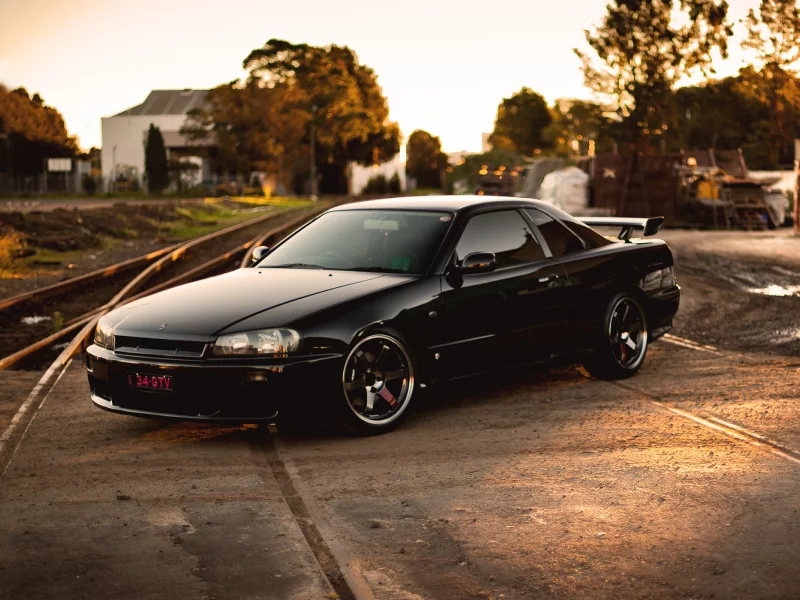 nissan, front, skyline, r34, railroad, black, gtr