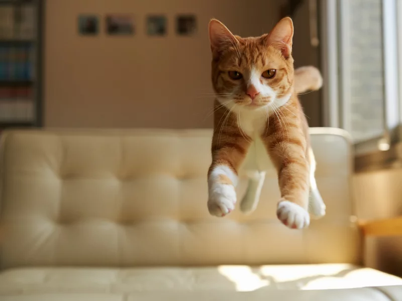 кот, дом, взгляд, прыжок, рыжий