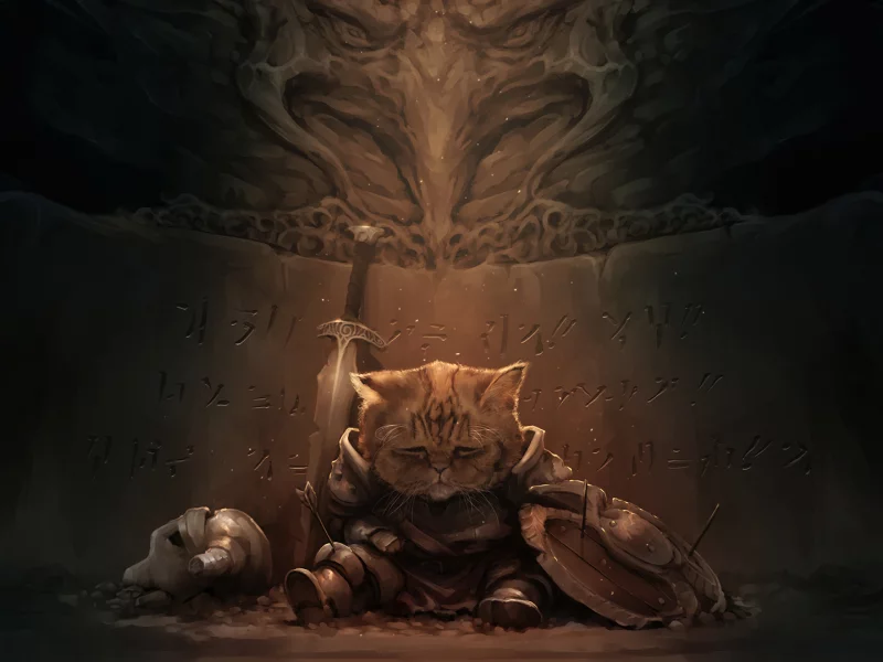 приключения, арт, грусть, кот, темно, шлем, меч, skyrim