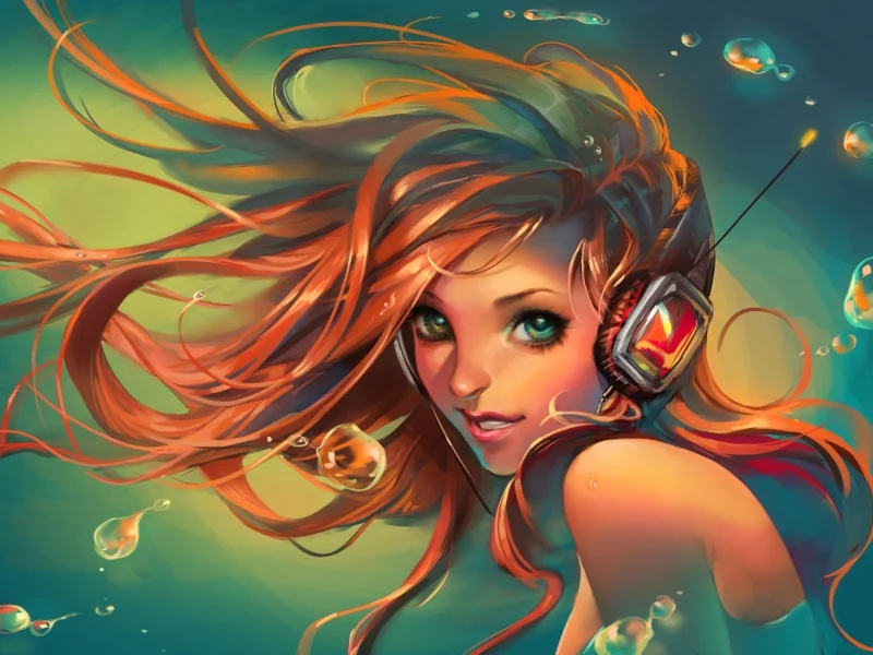 вода, art, sakimichan, улыбка, наушники, взгляд, девушка