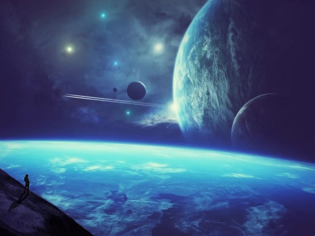 science fiction, stars, space, person, planets