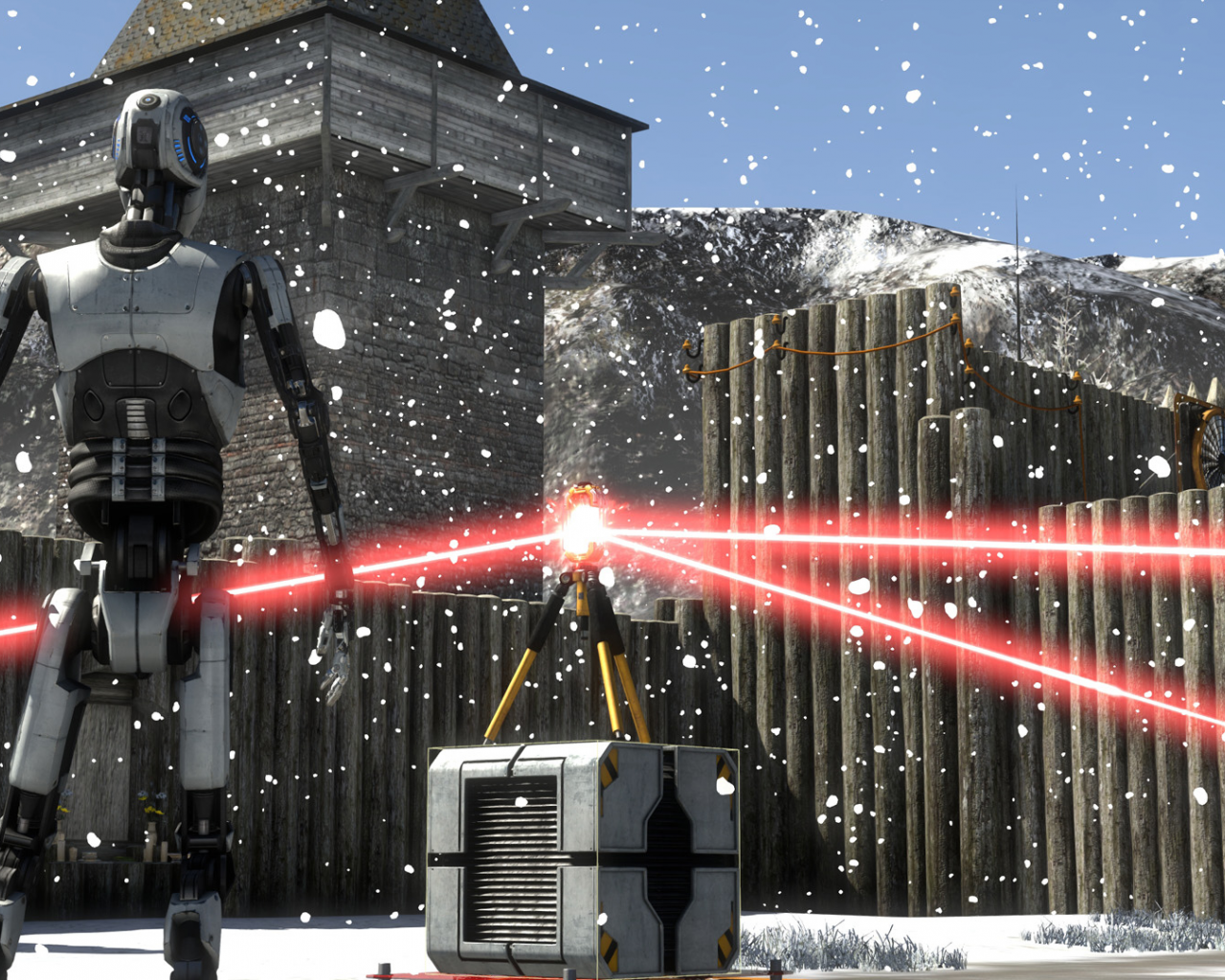 The Talos Principle, робот, куб, лазер, снег