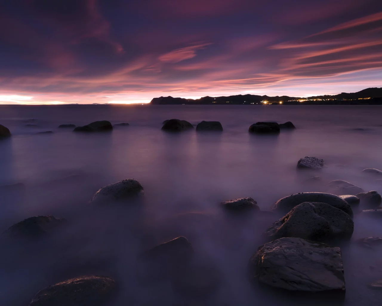 закат, камни, море