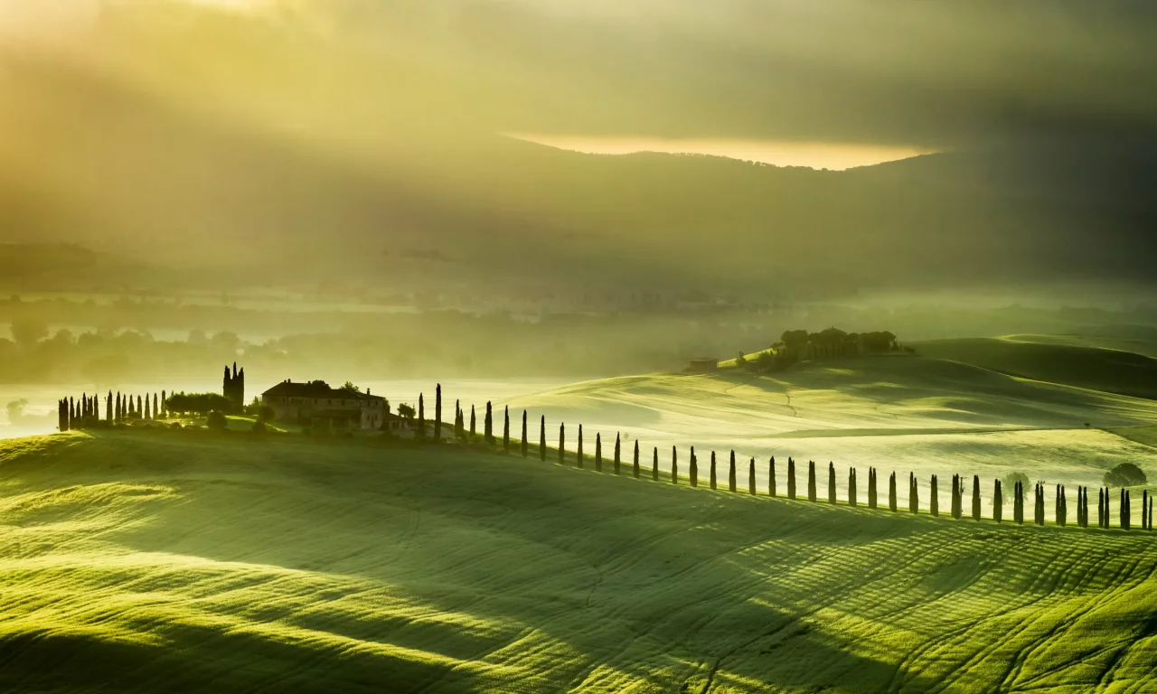 tuscany, italy, пейзаж, поле, туман