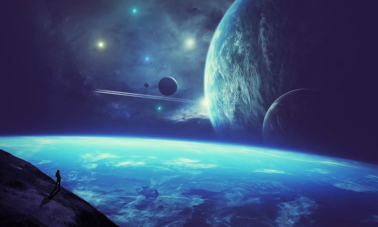 science fiction, stars, space, person, planets