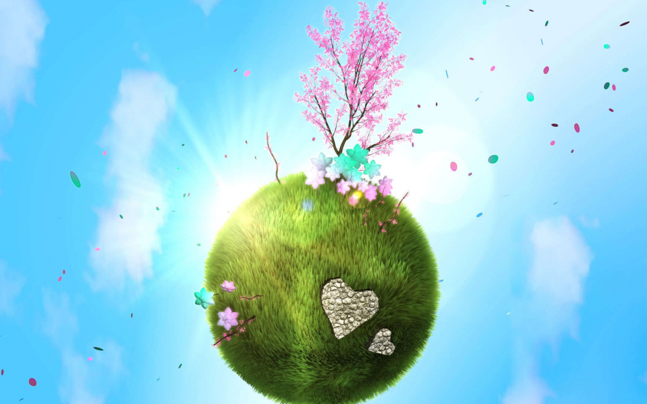 весна, цветы, сердечки, голубое небо, дерево