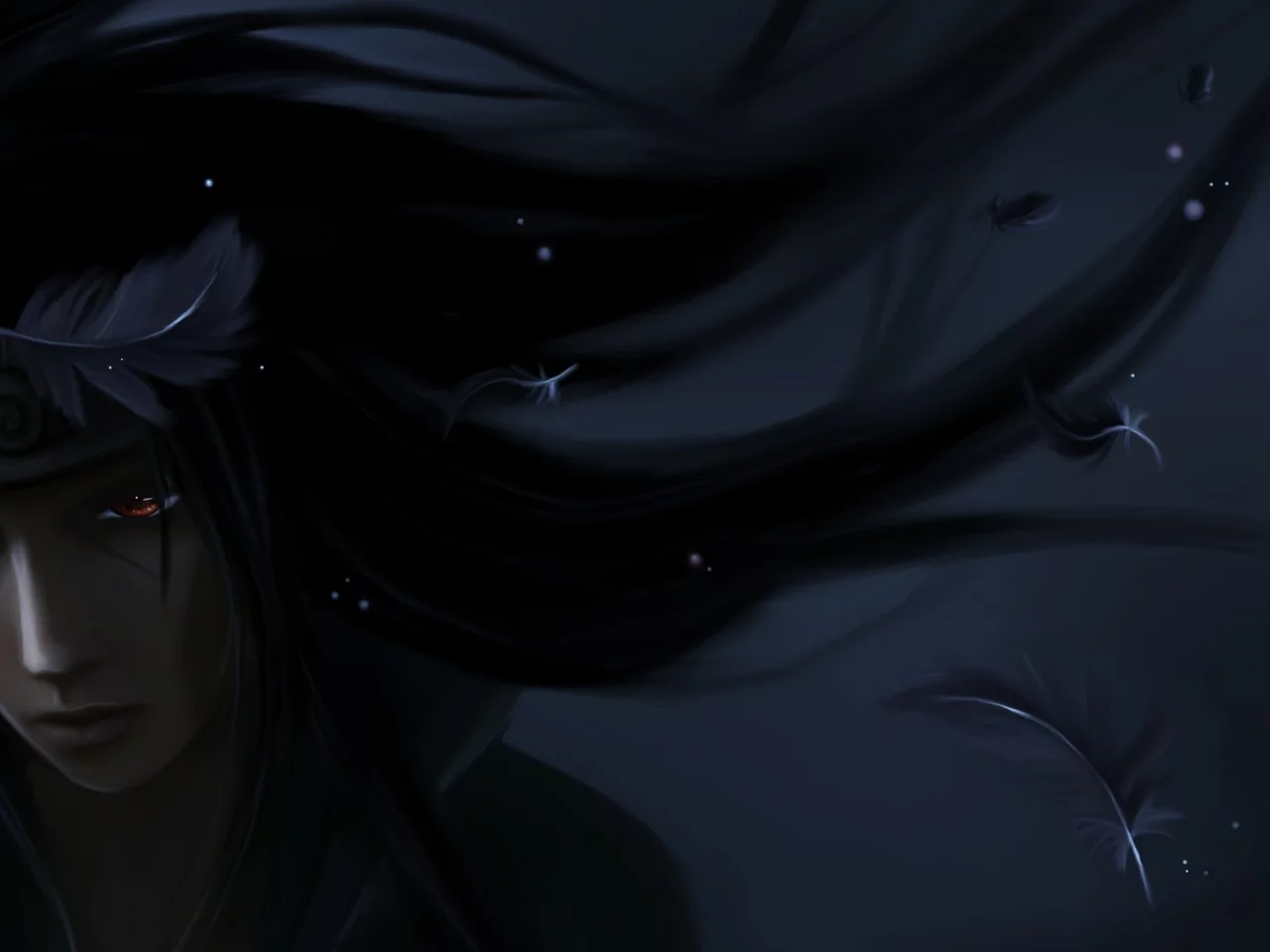 бандана, перья, парень, темно, арт, naruto, itachi uchiha 